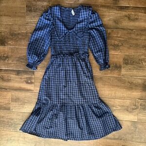 o.p.t. Kobo Cottage Gingham Check Smocked Tiered Midi Dress, Blue,S(NWOT)